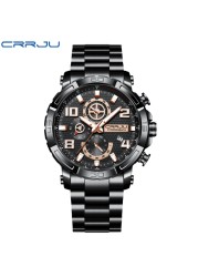 CRRJU Men's Watches Large Dial Waterproof Stainless Steel With Luminous Hands Date Sports Chronograph Watches Relogio Masculino