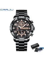 CRRJU Men's Watches Large Dial Waterproof Stainless Steel With Luminous Hands Date Sports Chronograph Watches Relogio Masculino