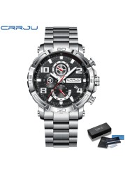 CRRJU Men's Watches Large Dial Waterproof Stainless Steel With Luminous Hands Date Sports Chronograph Watches Relogio Masculino