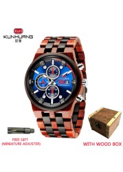 Kunhuang Wooden Mens Watch Luxury Elegant Wood Watches Chronograph Zebra Wood Quartz Watches in Wooden Gift Box reloj de hombre