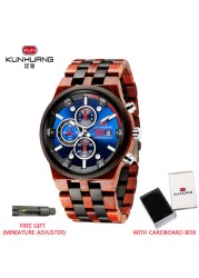 Kunhuang Wooden Mens Watch Luxury Elegant Wood Watches Chronograph Zebra Wood Quartz Watches in Wooden Gift Box reloj de hombre