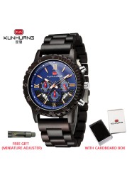 Kunhuang Luxury Brand Men's Watch Wooden Multifunctional Raw Quartz Watch High Strength Ebony Glass Case relógio masculino