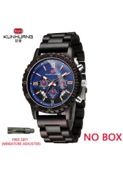 Kunhuang Luxury Brand Men's Watch Wooden Multifunctional Raw Quartz Watch High Strength Ebony Glass Case relógio masculino