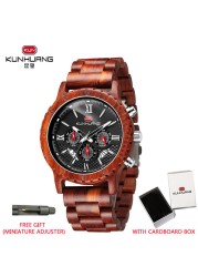 Kunhuang Luxury Brand Men's Watch Wooden Multifunctional Raw Quartz Watch High Strength Ebony Glass Case relógio masculino