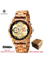 Kunhuang Luxury Natural Zebra Wood Watch Fashion Multifunction Quartz Men's Watch Chronograph Mineral Glass reloj de hombre