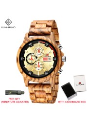 Kunhuang Luxury Natural Zebra Wood Watch Fashion Multifunction Quartz Men's Watch Chronograph Mineral Glass reloj de hombre