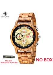 Kunhuang Luxury Natural Zebra Wood Watch Fashion Multifunction Quartz Men's Watch Chronograph Mineral Glass reloj de hombre