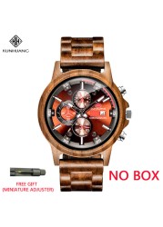 Kunhuang Luxury Natural Zebra Wood Watch Fashion Multifunction Quartz Men's Watch Chronograph Mineral Glass reloj de hombre