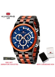 Relogio Masculino KUNHUANG Men's Wooden Watch Top Brand Luxury Stylish Chronograph Military Watches in Wooden Box reloj hom