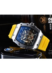 Richard Men's High Quality Diamond Quartz Watch Hollow Back Glass Stainless Steel Case Black Rubber Watch