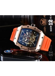 Richard Men's High Quality Diamond Quartz Watch Hollow Back Glass Stainless Steel Case Black Rubber Watch