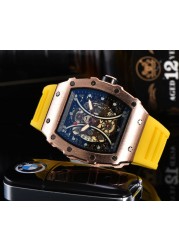 Richard Men's High Quality Diamond Quartz Watch Hollow Back Glass Stainless Steel Case Black Rubber Watch