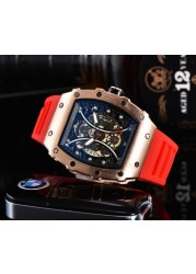 Richard Men's High Quality Diamond Quartz Watch Hollow Back Glass Stainless Steel Case Black Rubber Watch