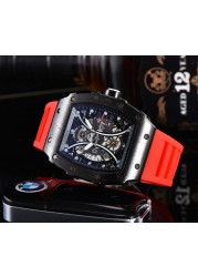 Richard Men's High Quality Diamond Quartz Watch Hollow Back Glass Stainless Steel Case Black Rubber Watch