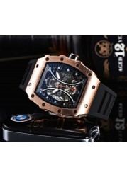 Richard Men's High Quality Diamond Quartz Watch Hollow Back Glass Stainless Steel Case Black Rubber Watch