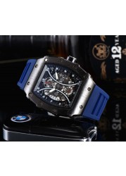 Richard Men's High Quality Diamond Quartz Watch Hollow Back Glass Stainless Steel Case Black Rubber Watch