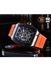 Richard Men's High Quality Diamond Quartz Watch Hollow Back Glass Stainless Steel Case Black Rubber Watch