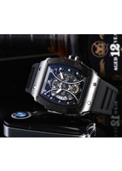 Richard Men's High Quality Diamond Quartz Watch Hollow Back Glass Stainless Steel Case Black Rubber Watch