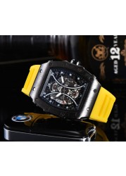 Richard Men's High Quality Diamond Quartz Watch Hollow Back Glass Stainless Steel Case Black Rubber Watch