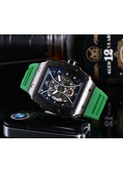 Richard Men's High Quality Diamond Quartz Watch Hollow Back Glass Stainless Steel Case Black Rubber Watch