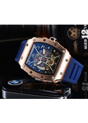 Richard Men's High Quality Diamond Quartz Watch Hollow Back Glass Stainless Steel Case Black Rubber Watch