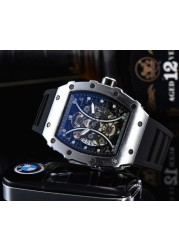 Richard Men's High Quality Diamond Quartz Watch Hollow Back Glass Stainless Steel Case Black Rubber Watch