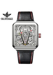 OUPINKE Automatic Watch Men Skeleton Mechanical Watch Steampunk Sapphire Crystal Square Leather Transparent Sports Wristwatches