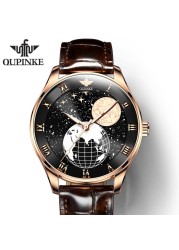 OUPINKE Men's Mechanical Watch Starry Sky Moon Phase Sapphire Crystal Glass Automatic Leather Business Wristwatch for Mature Male