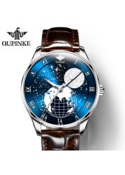 OUPINKE Men's Mechanical Watch Starry Sky Moon Phase Sapphire Crystal Glass Automatic Leather Business Wristwatch for Mature Male