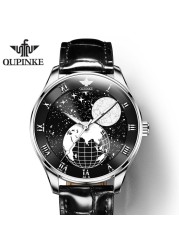 OUPINKE Men's Mechanical Watch Starry Sky Moon Phase Sapphire Crystal Glass Automatic Leather Business Wristwatch for Mature Male