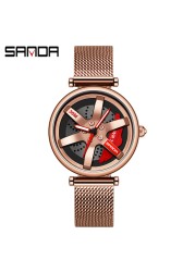 SANDA New Fashion Rotate Wheel Pattern Women's Watch Stainless Steel Waterproof Quartz Watch for Women Luxury Relogio Feminino