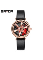 SANDA New Fashion Rotate Wheel Pattern Women's Watch Stainless Steel Waterproof Quartz Watch for Women Luxury Relogio Feminino