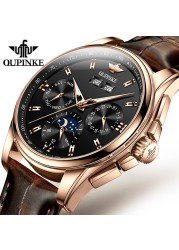 OUPINKE Luxury Watch Men Mechanical Wristwatches Leather Sapphire Waterproof Sports Business Moon Phase Automatic Watch for Men