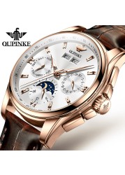 OUPINKE Luxury Watch Men Mechanical Wristwatches Leather Sapphire Waterproof Sports Business Moon Phase Automatic Watch for Men