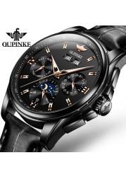 OUPINKE Luxury Watch Men Mechanical Wristwatches Leather Sapphire Waterproof Sports Business Moon Phase Automatic Watch for Men