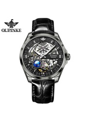 OUPINKE New Men's Automatic Mechanical Watch Skeleton Design 50M Waterproof Sapphire Mirror Leather Strap Male Watches