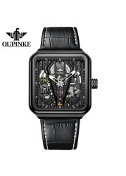 Upinki men's watch luxury automatic mechanical wrist watch square sapphire luminous leather strap men's watches 3181