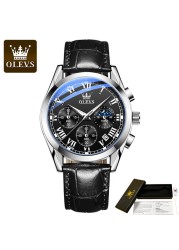 OLEVS Waterproof Corium Strap Men's Wristwatches Quartz Multifunction Three-eye Six Hand Fashion Luminous Men's Watches