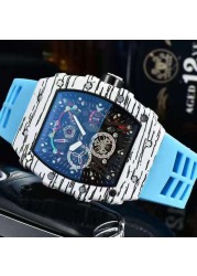 2022 full-featured 3 pin men's high quality Richard quartz watch hollow glass back stainless steel case black rubber watch