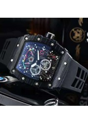 2022 full-featured 3 pin men's high quality Richard quartz watch hollow glass back stainless steel case black rubber watch