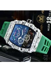 2022 full-featured 3 pin men's high quality Richard quartz watch hollow glass back stainless steel case black rubber watch