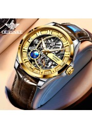 OUPINKE Watch Men Skeleton Design Automatic Watch 50M Waterproof Sapphire Leather Strap Men Mechanical Wristwatches 3268