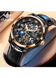 OUPINKE Watch Men Skeleton Design Automatic Watch 50M Waterproof Sapphire Leather Strap Men Mechanical Wristwatches 3268