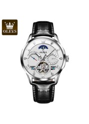 OLEVS New Luxury Men Automatic Mechanical Watch Waterproof Luminous Hollow Watches for Men Leather Strap Moon Phase Calendar