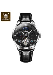 OLEVS New Luxury Men Automatic Mechanical Watch Waterproof Luminous Hollow Watches for Men Leather Strap Moon Phase Calendar