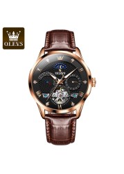 OLEVS New Luxury Men Automatic Mechanical Watch Waterproof Luminous Hollow Watches for Men Leather Strap Moon Phase Calendar