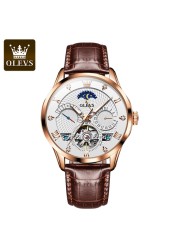 OLEVS New Luxury Men Automatic Mechanical Watch Waterproof Luminous Hollow Watches for Men Leather Strap Moon Phase Calendar