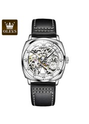 OLEVS Watch for Men Luxury Brand Diamond Automatic Mechanical Wristwatches Skeleton Design Waterproof Leather Men's Watches