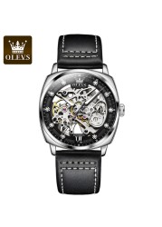 OLEVS Watch for Men Luxury Brand Diamond Automatic Mechanical Wristwatches Skeleton Design Waterproof Leather Men's Watches