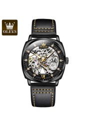 OLEVS Watch for Men Luxury Brand Diamond Automatic Mechanical Wristwatches Skeleton Design Waterproof Leather Men's Watches